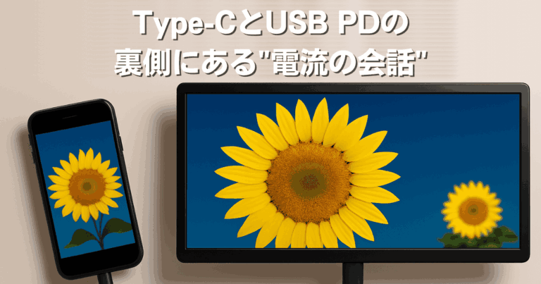 ひまわりの画像が表示されたスマートフォンとモニター。上部には「Type-CとUSB PDの裏側にある電流の会話」のテキスト