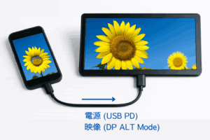 画面にひまわりを映したスマホとタブレットがUSBケーブルで接続され、映像と電源供給を両立